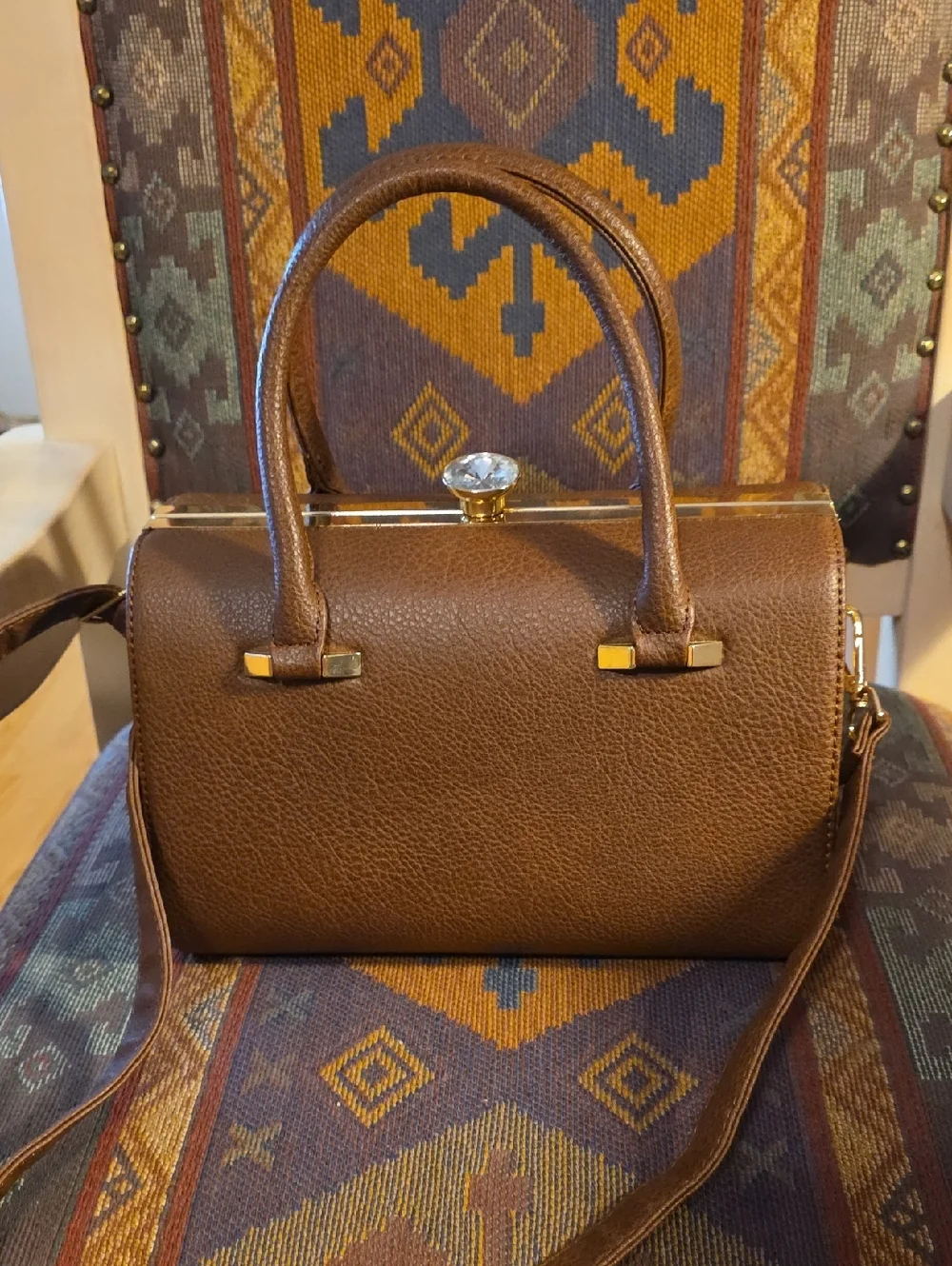 La Terre Fashion Vegan Leather Brown Satchel Handbag Rhinestone Clasp With Strap